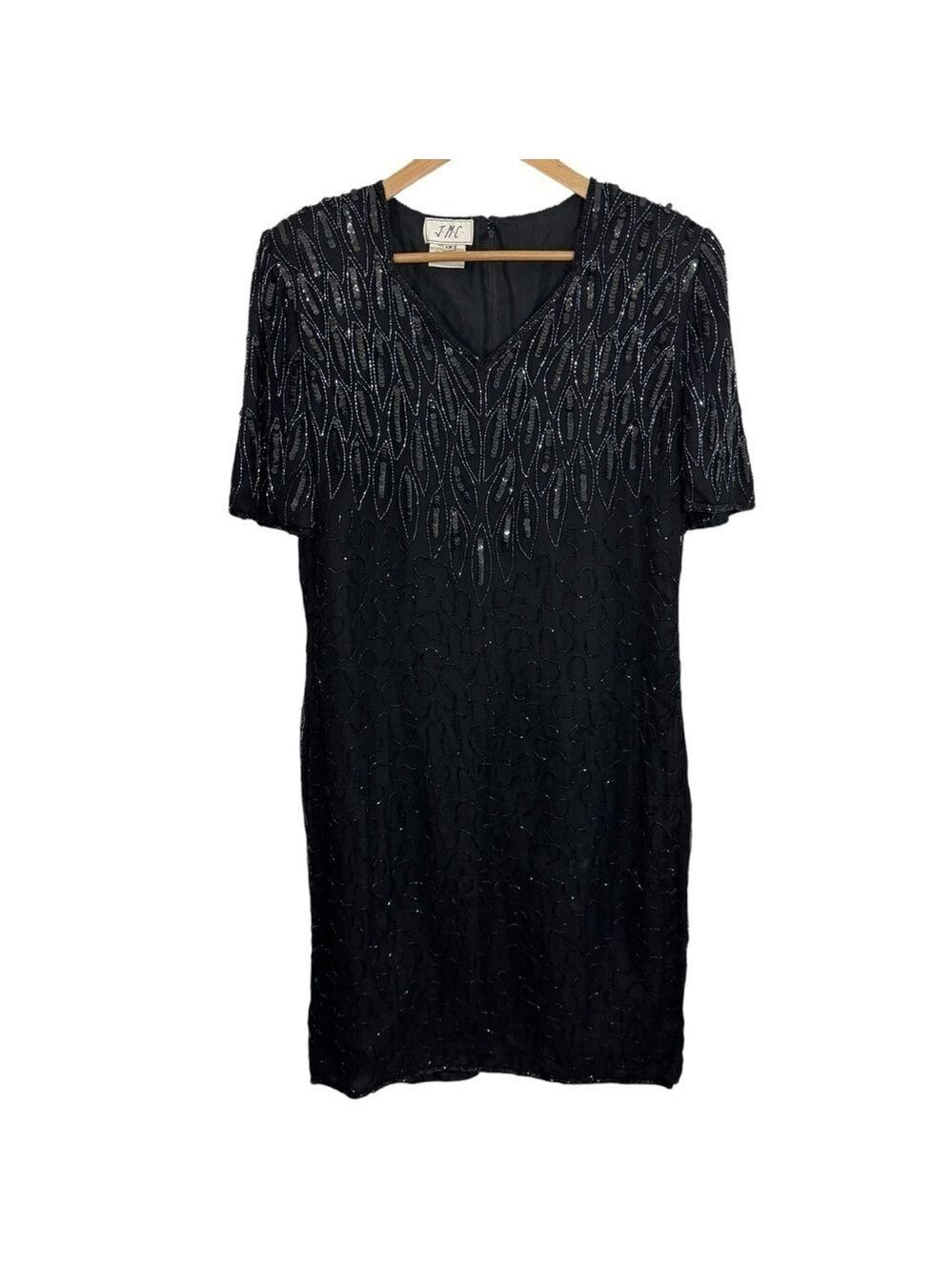 Vtg JMC 100% Silk Beaded Dress Sz 1X Black Knee Length Elegant Cocktail Party